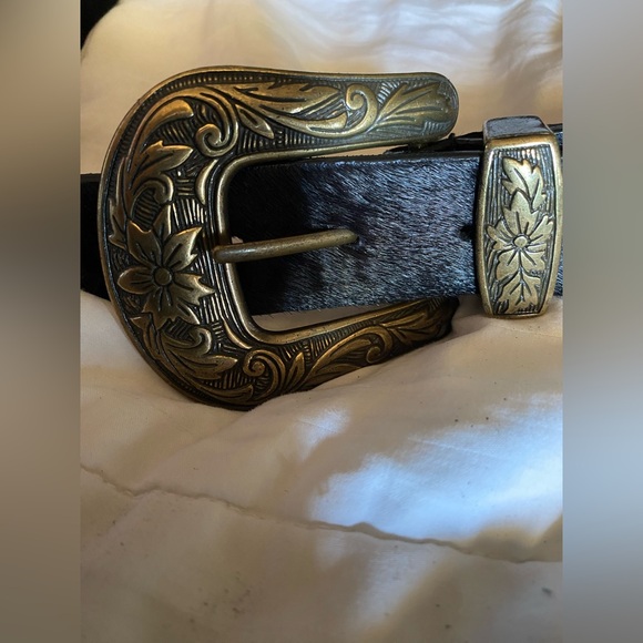 Accessories - Rare  VTG Western Style Belt with Ornate Buckle hair on hide leather/ men/ women